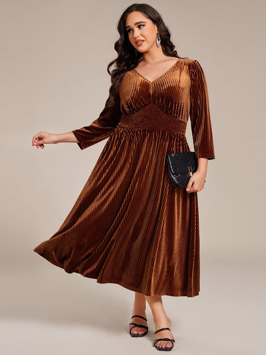 V-neck Long Sleeve Velvet A-Line Midi Wedding Guest Dress #color_Caramel