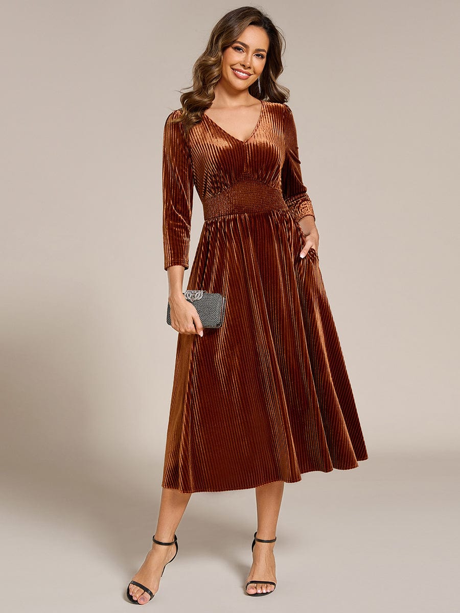 V-neck Long Sleeve Velvet A-Line Midi Wedding Guest Dress #color_Caramel