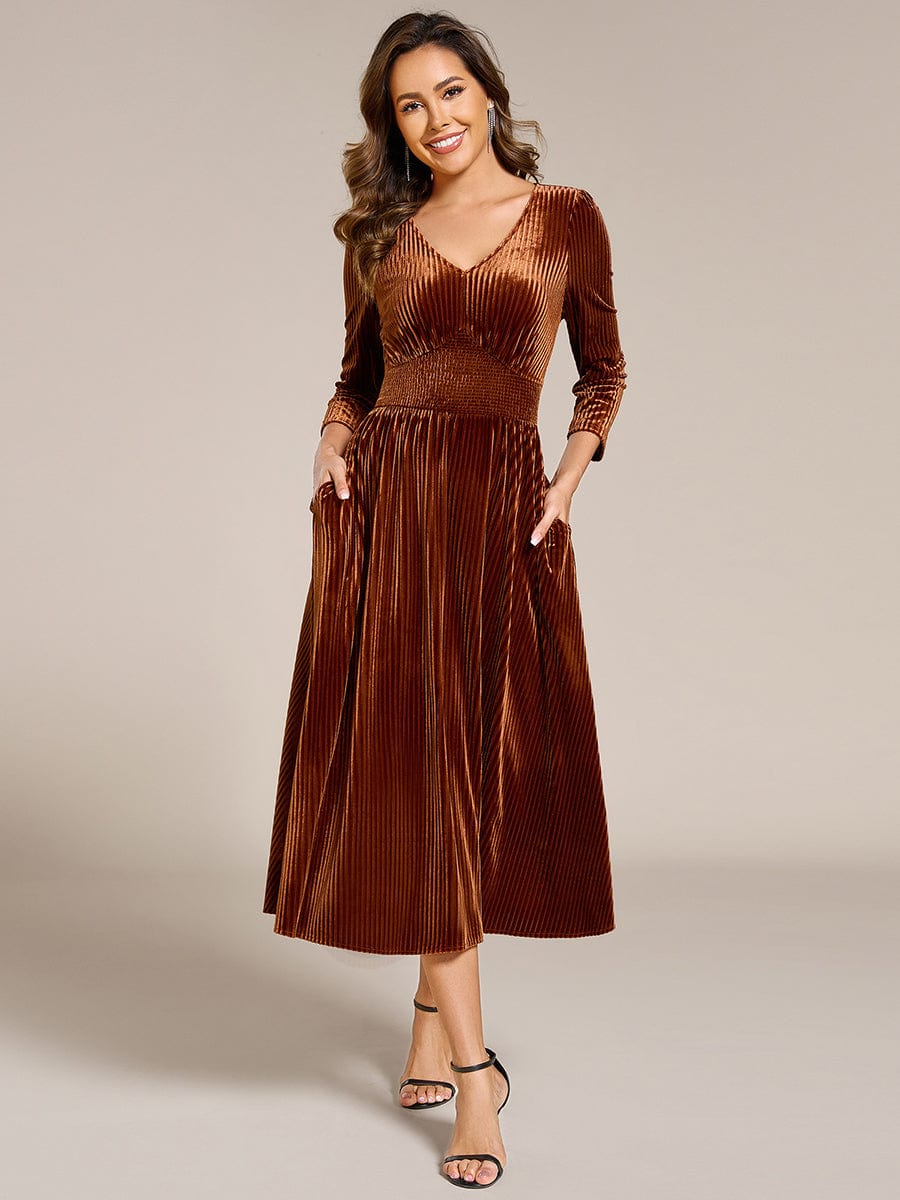 V-neck Long Sleeve Velvet A-Line Midi Wedding Guest Dress #color_Caramel