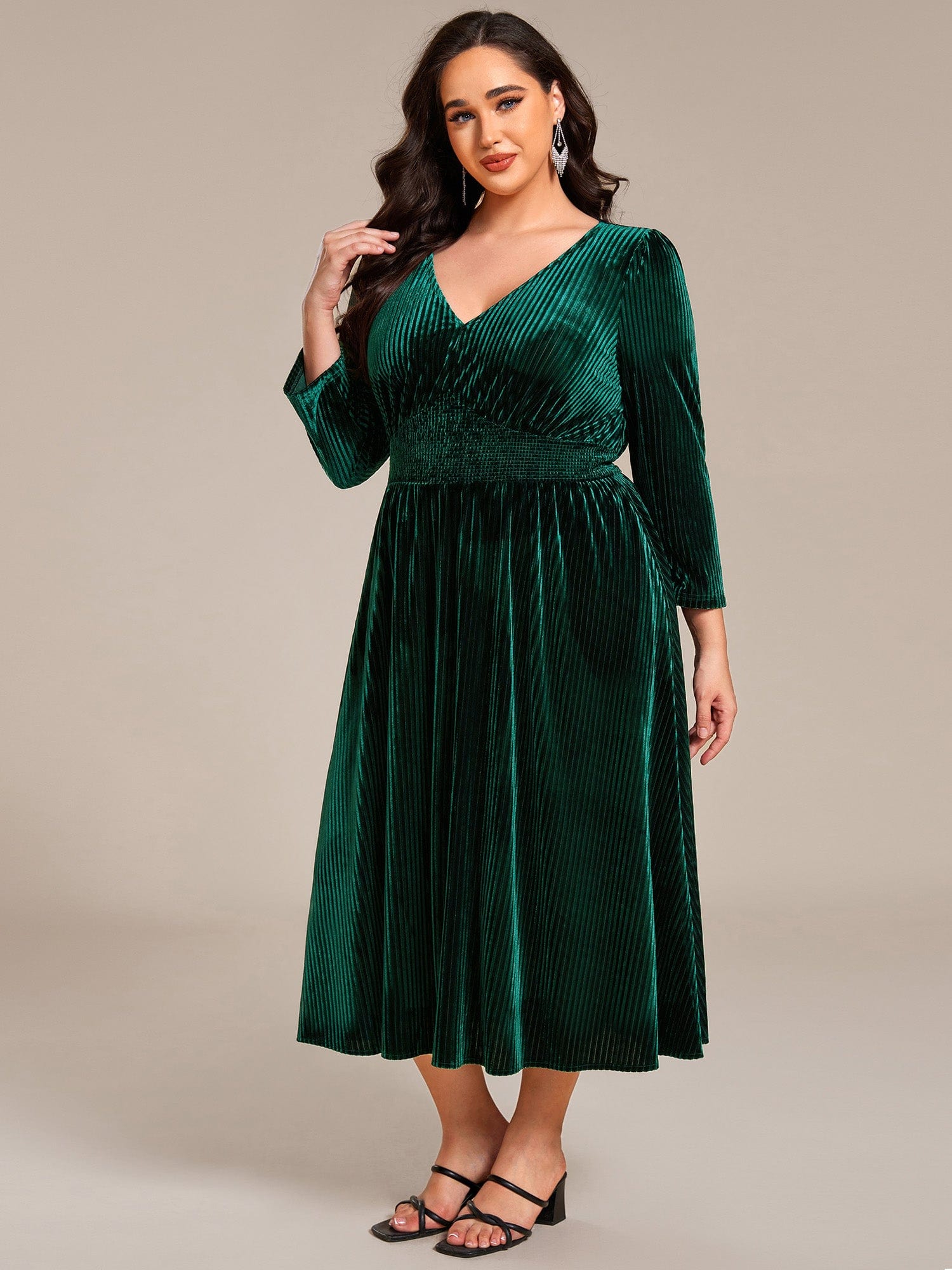 V-neck Long Sleeve Velvet A-Line Midi Wedding Guest Dress #color_Dark Green