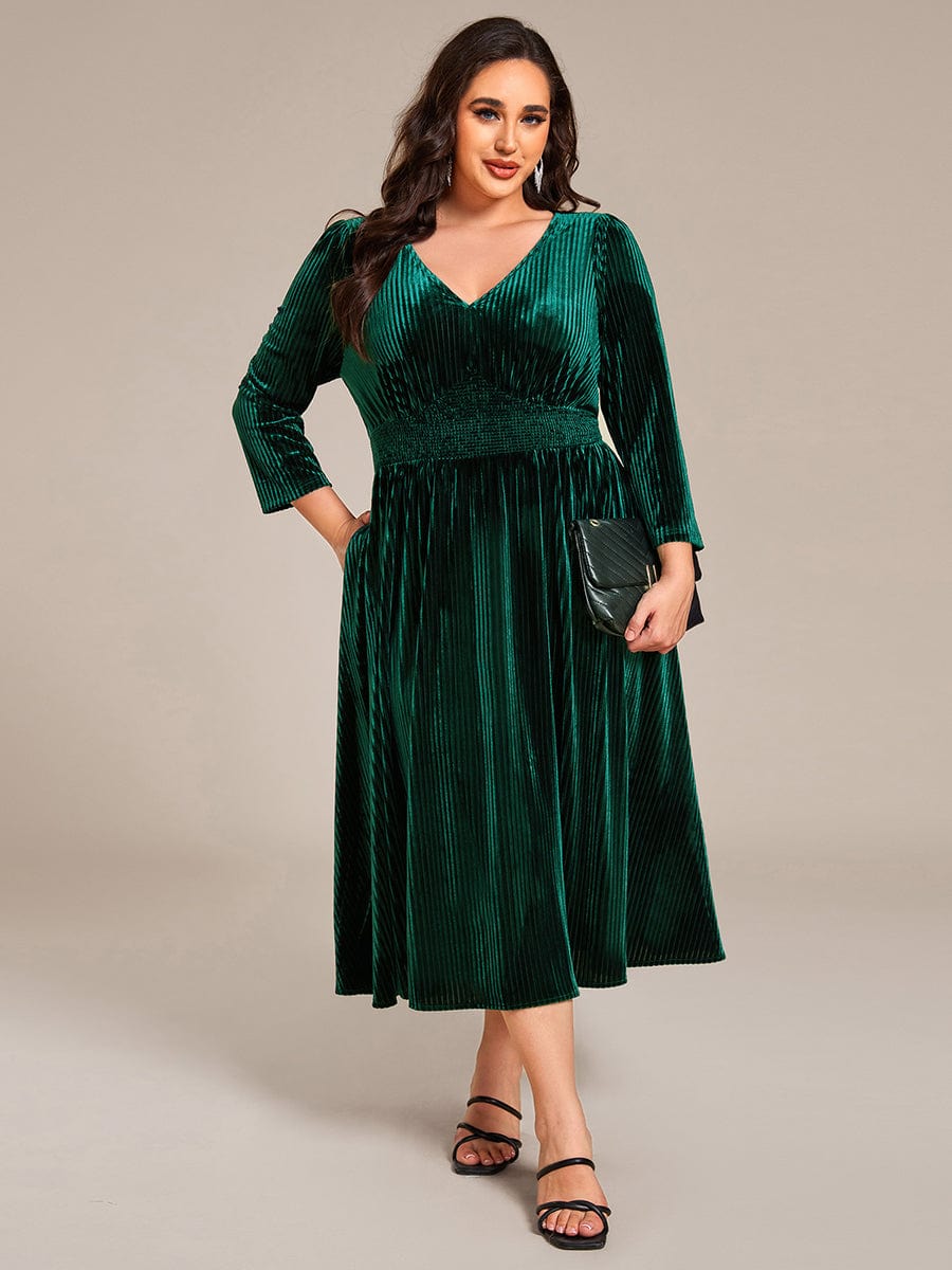 V-neck Long Sleeve Velvet A-Line Midi Wedding Guest Dress #color_Dark Green