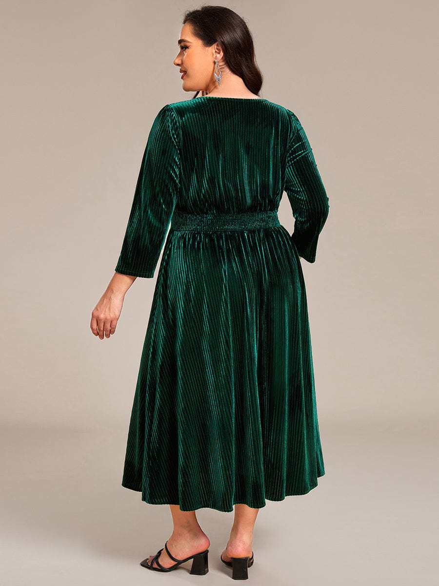 V-neck Long Sleeve Velvet A-Line Midi Wedding Guest Dress #color_Dark Green