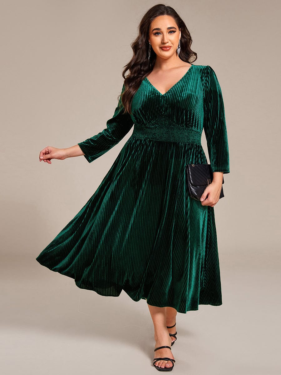 V-neck Long Sleeve Velvet A-Line Midi Wedding Guest Dress #color_Dark Green