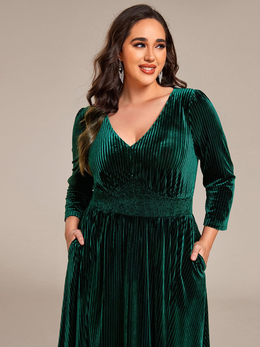 V-neck Long Sleeve Velvet A-Line Midi Wedding Guest Dress #color_Dark Green