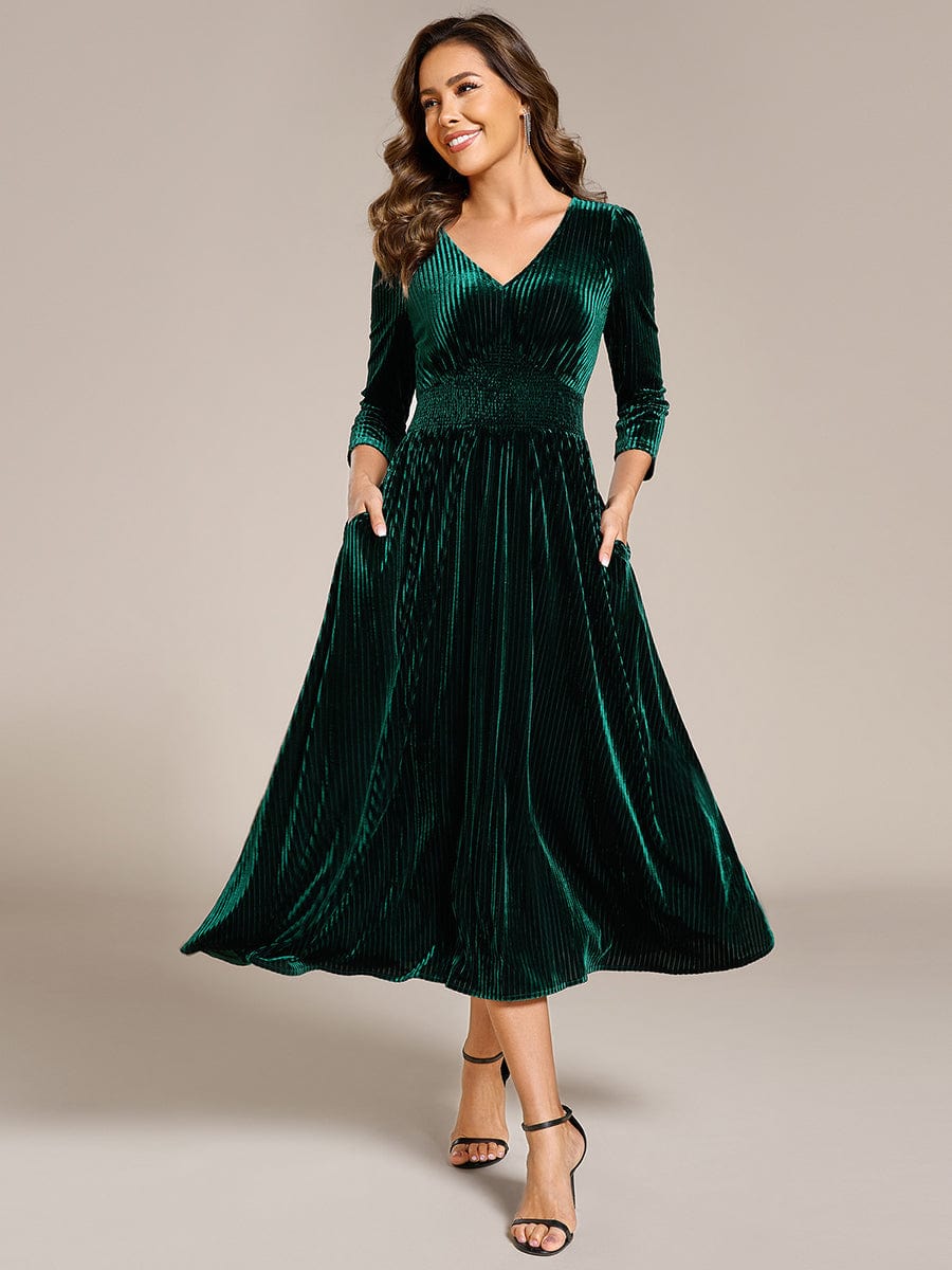 V-neck Long Sleeve Velvet A-Line Midi Wedding Guest Dress #color_Dark Green