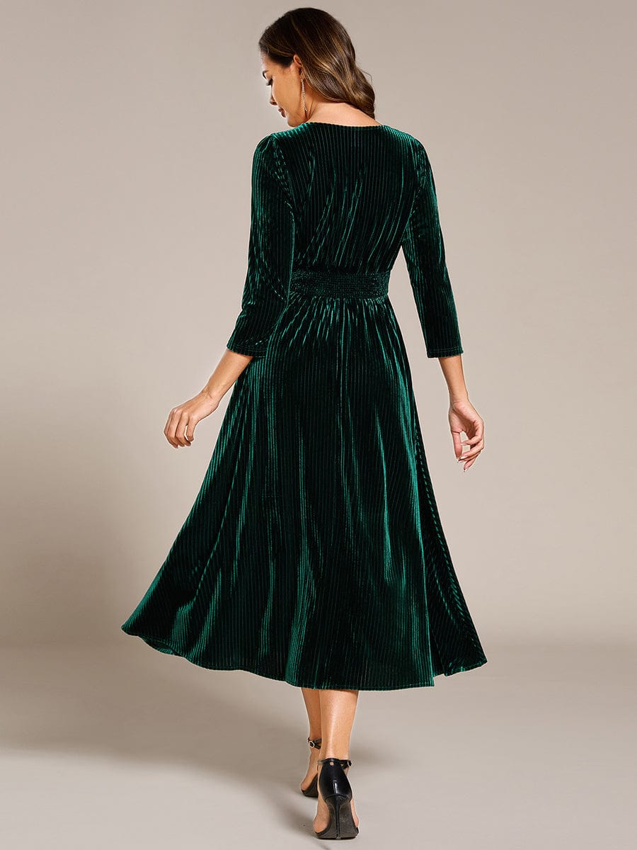 V-neck Long Sleeve Velvet A-Line Midi Wedding Guest Dress #color_Dark Green