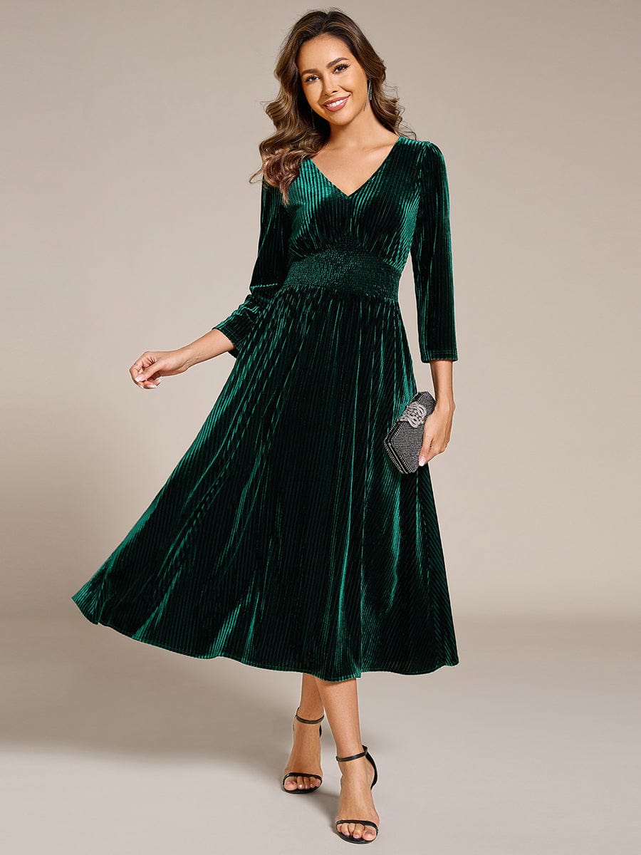 V-neck Long Sleeve Velvet A-Line Midi Wedding Guest Dress #color_Dark Green