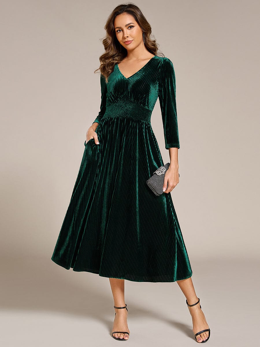 V-neck Long Sleeve Velvet A-Line Midi Wedding Guest Dress #color_Dark Green