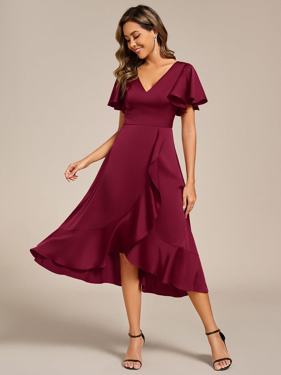 Ruffled V-neck Midi Satin Wedding Guest Dress #color_Burgundy