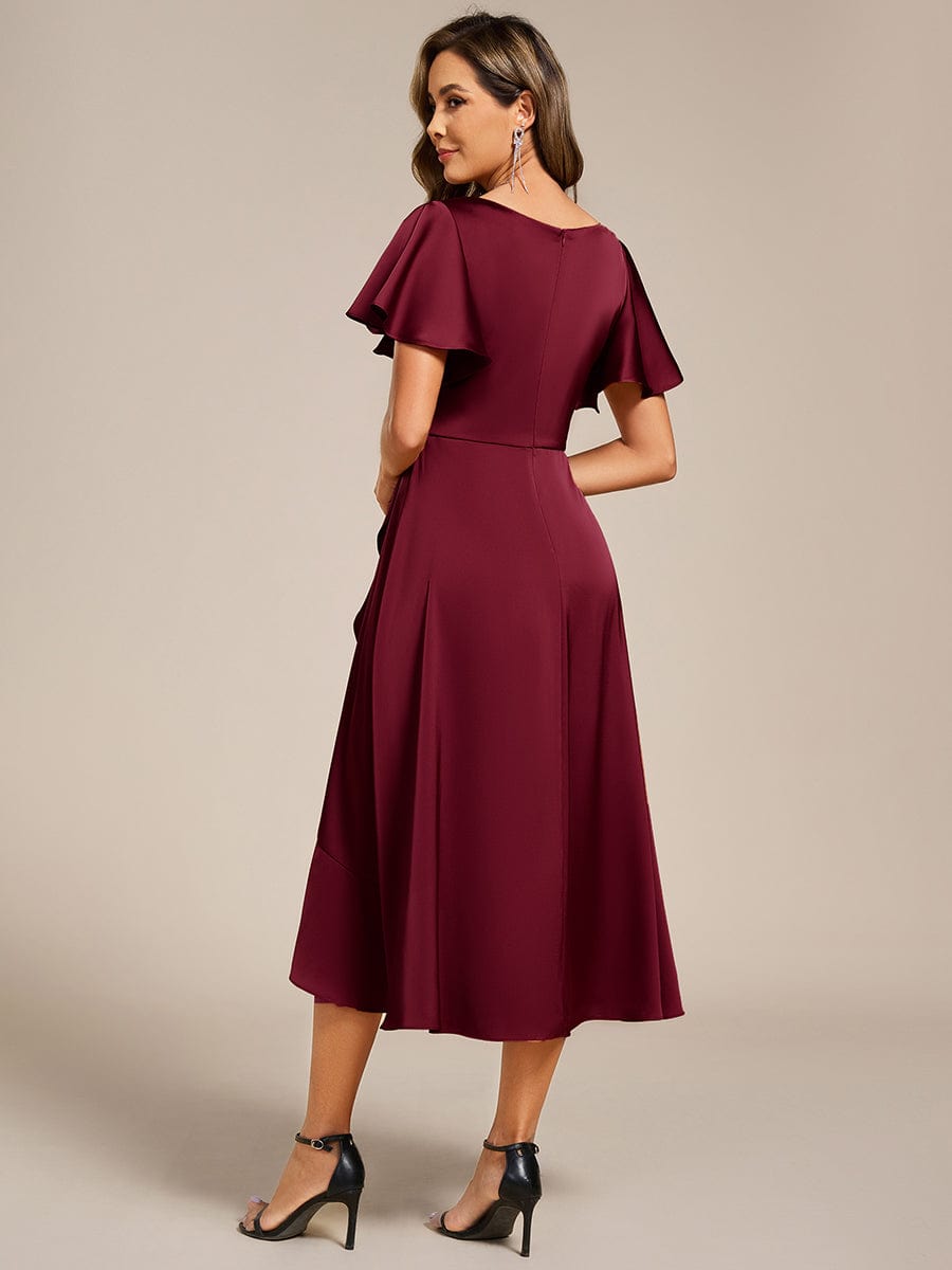 Ruffled V-neck Midi Satin Wedding Guest Dress #color_Burgundy