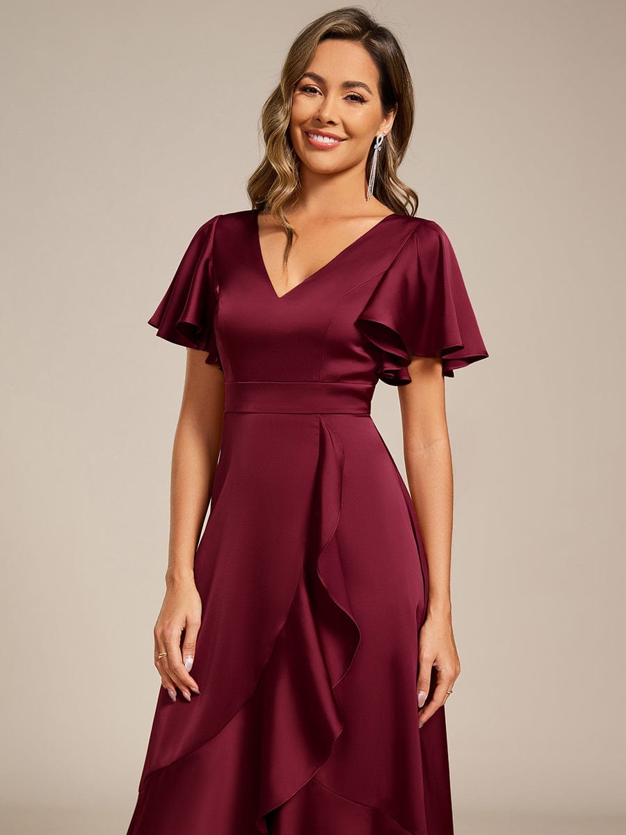 Ruffled V-neck Midi Satin Wedding Guest Dress #color_Burgundy