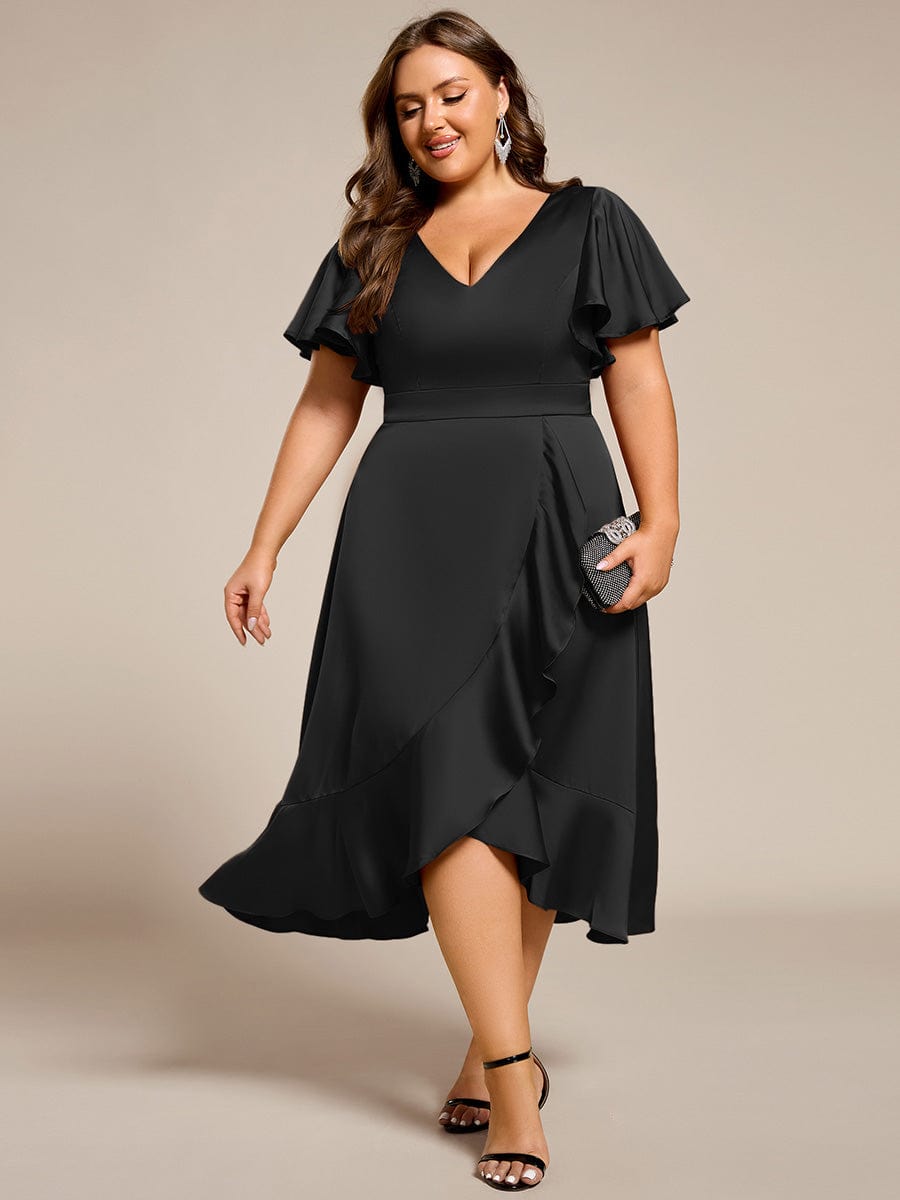 Ruffled V-neck Midi Satin Wedding Guest Dress #color_Black