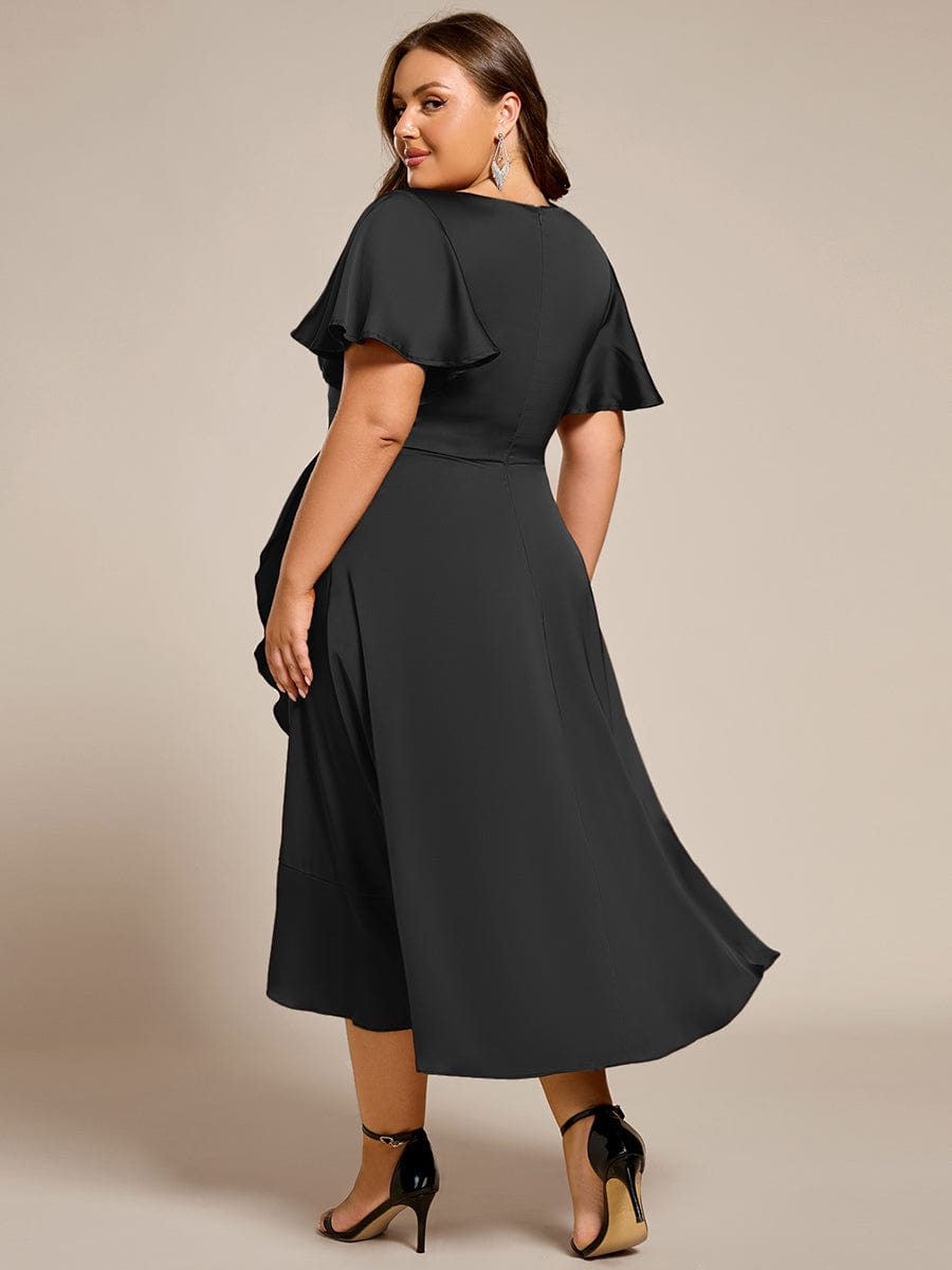 Ruffled V-neck Midi Satin Wedding Guest Dress #color_Black