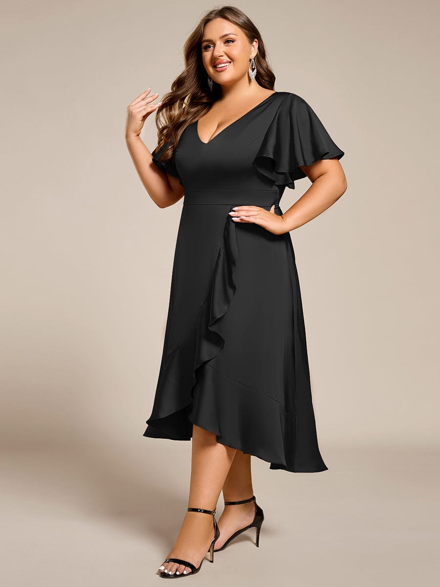 Ruffled V-neck Midi Satin Wedding Guest Dress #color_Black