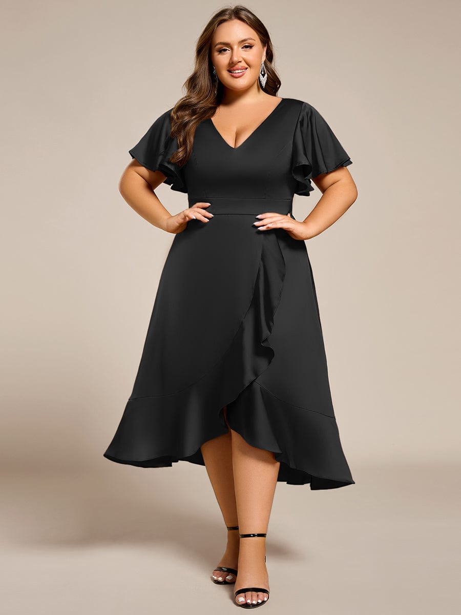 Ruffled V-neck Midi Satin Wedding Guest Dress #color_Black