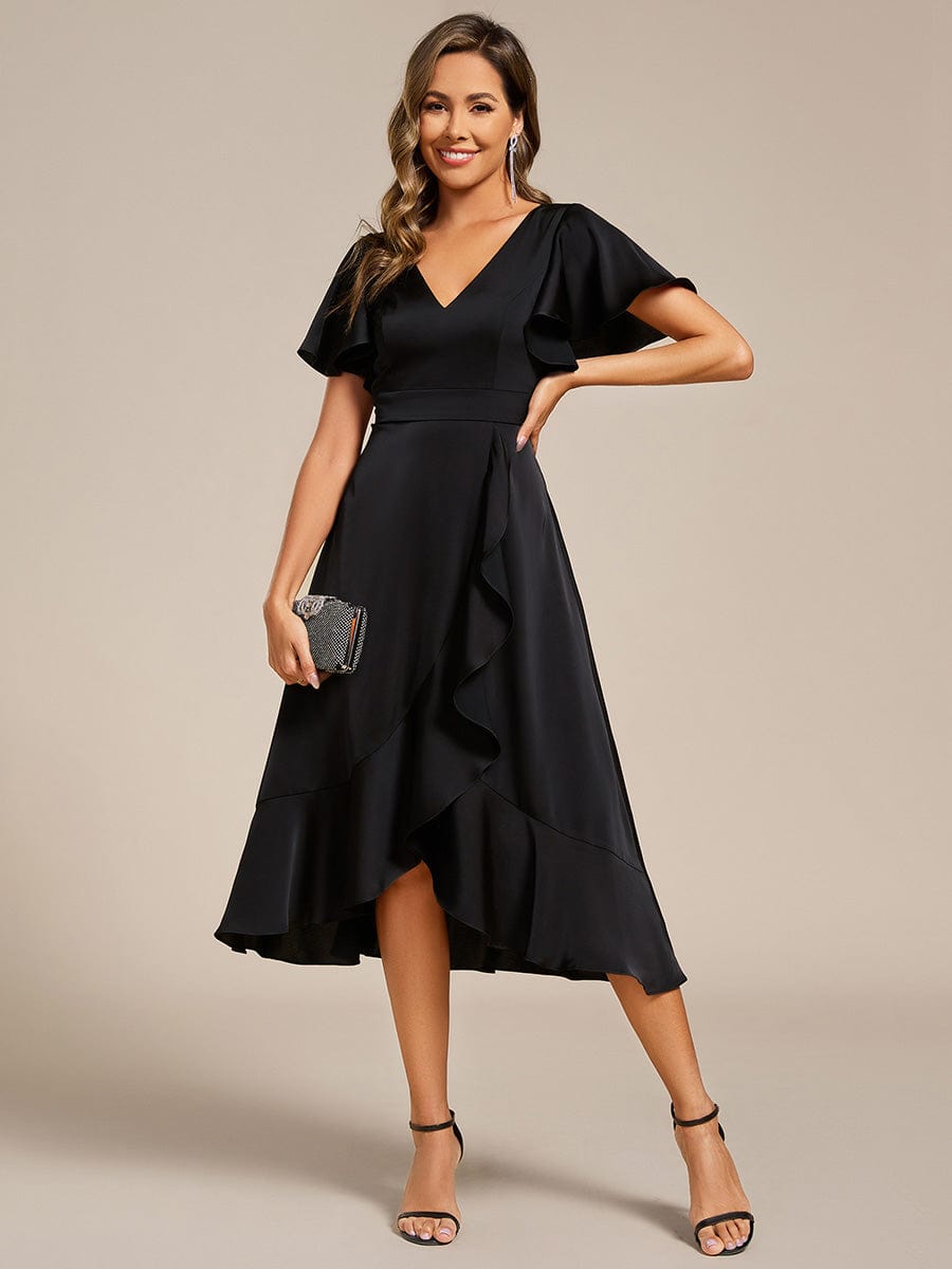 Ruffled V-neck Midi Satin Wedding Guest Dress #color_Black