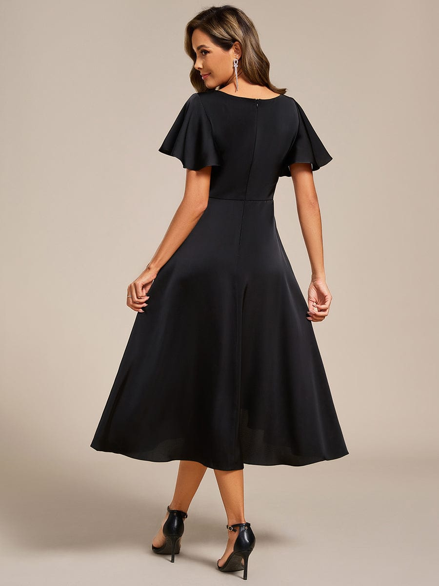 Ruffled V-neck Midi Satin Wedding Guest Dress #color_Black