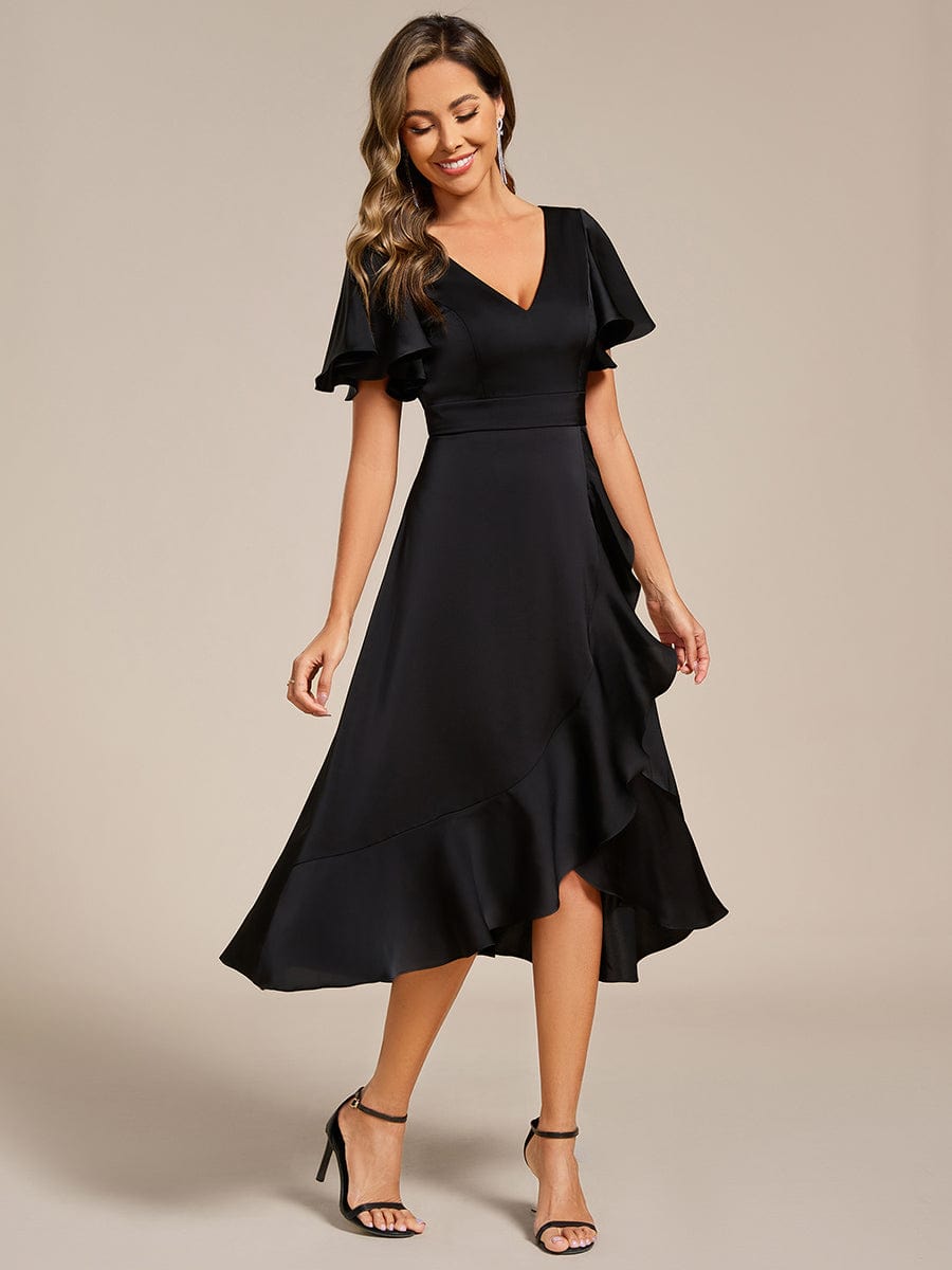 Ruffled V-neck Midi Satin Wedding Guest Dress #color_Black