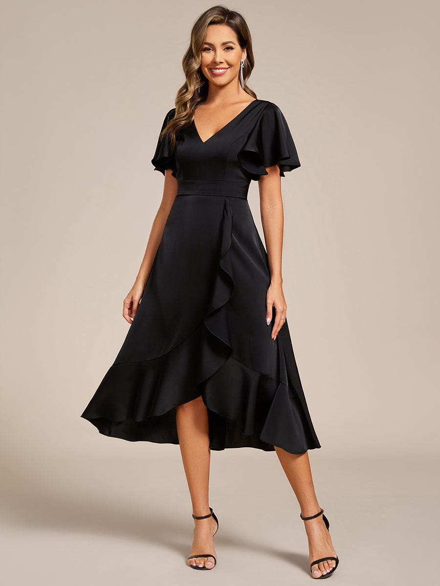 Ruffled V-neck Midi Satin Wedding Guest Dress #color_Black