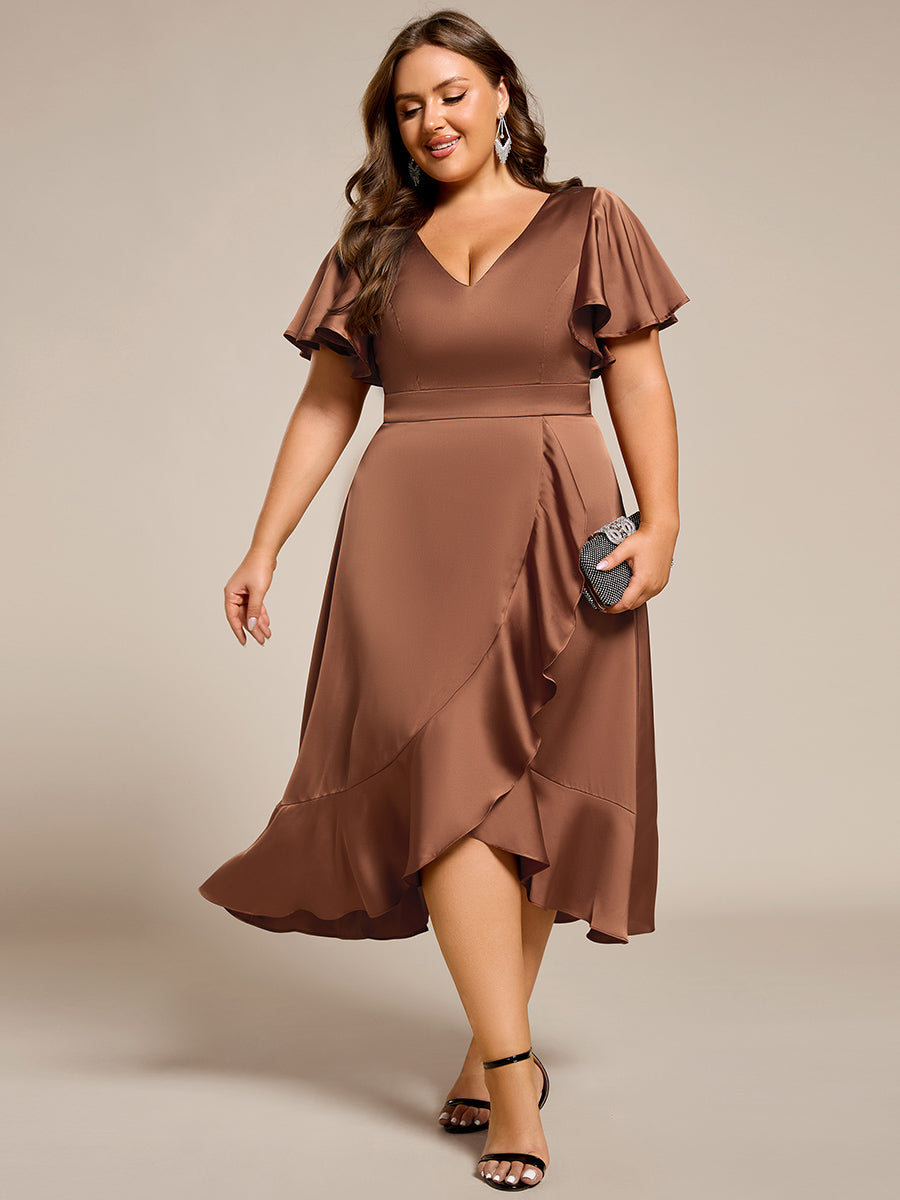 Ruffled V-neck Midi Satin Wedding Guest Dress #color_Brown