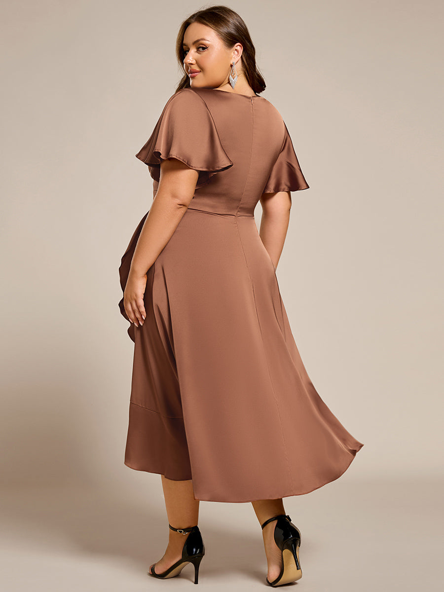 Ruffled V-neck Midi Satin Wedding Guest Dress #color_Brown