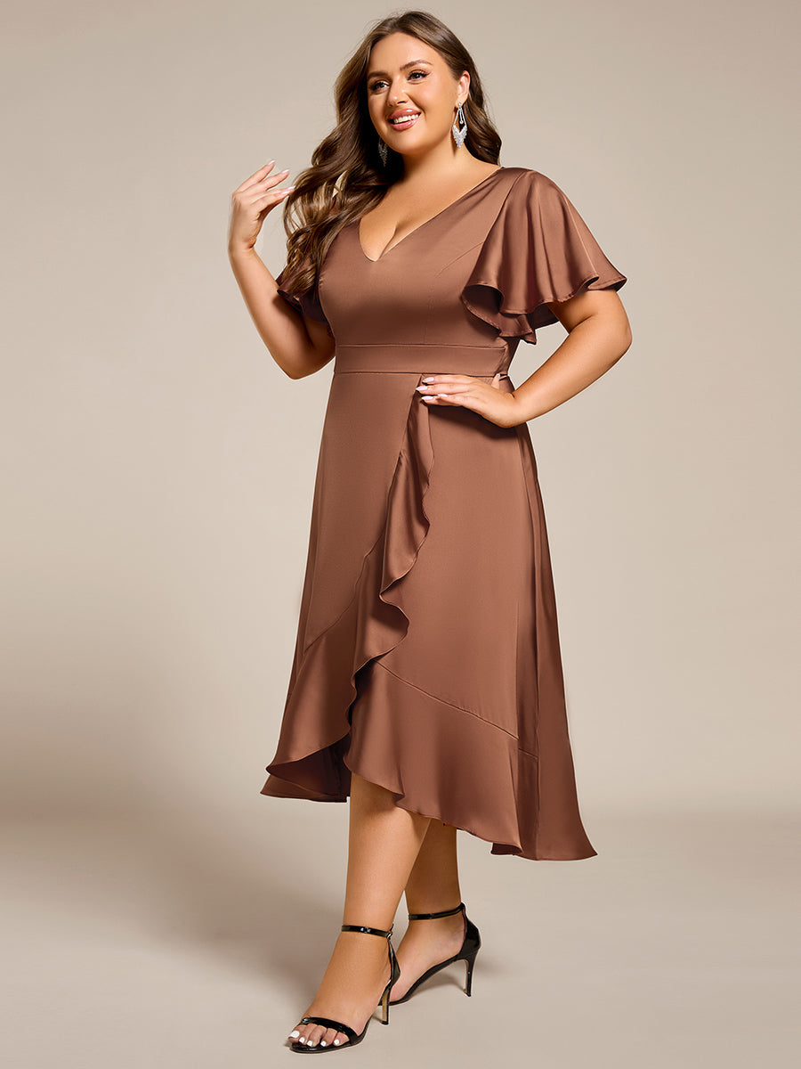 Ruffled V-neck Midi Satin Wedding Guest Dress #color_Brown