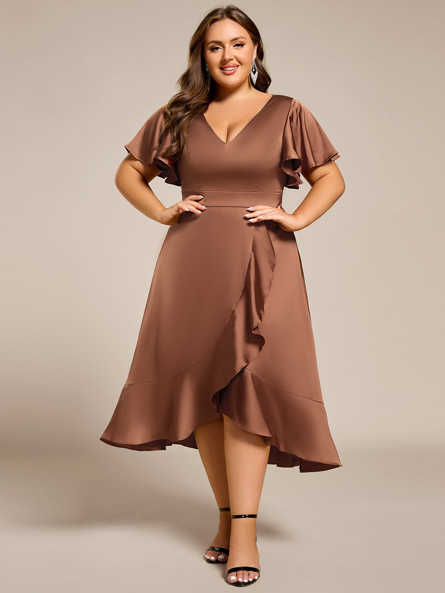 Ruffled V-neck Midi Satin Wedding Guest Dress #color_Brown