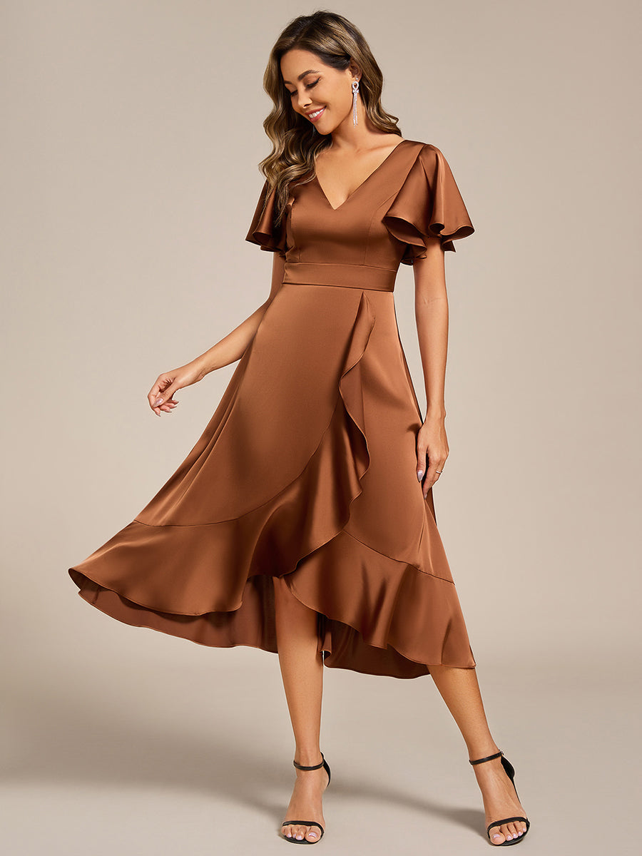 Ruffled V-neck Midi Satin Wedding Guest Dress #color_Brown