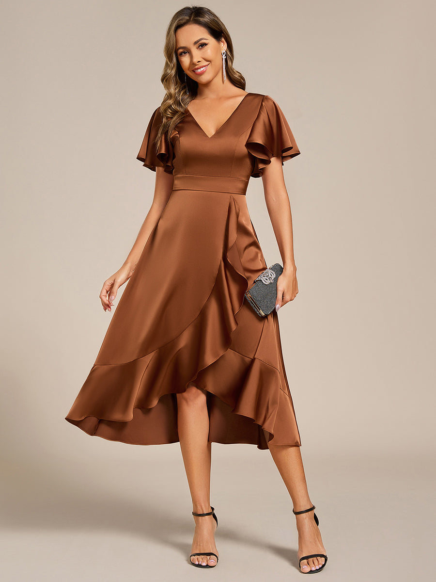 Ruffled V-neck Midi Satin Wedding Guest Dress #color_Brown