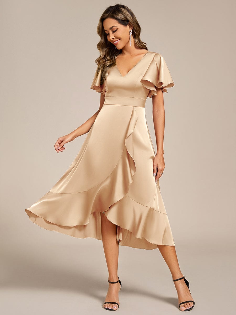 Ruffled V-neck Midi Satin Wedding Guest Dress #color_Champagne