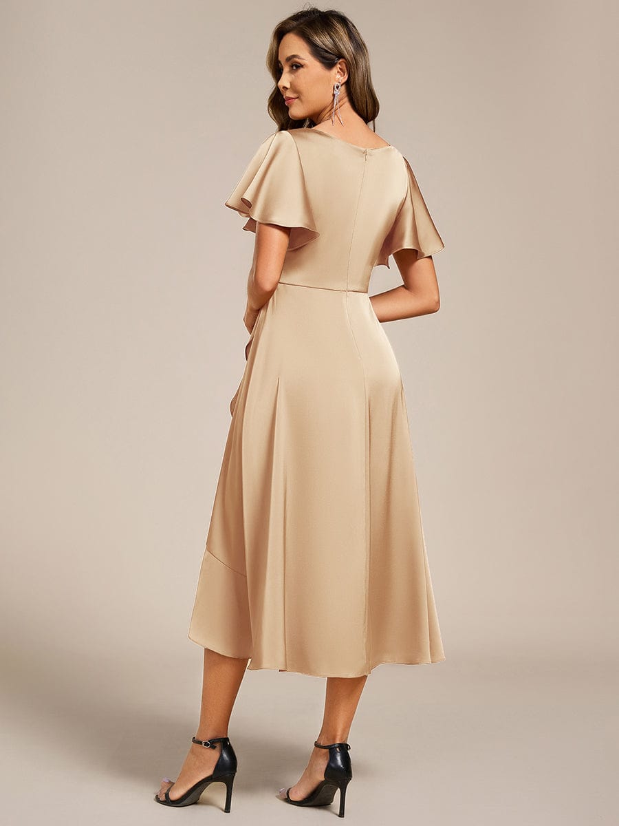 Ruffled V-neck Midi Satin Wedding Guest Dress #color_Champagne