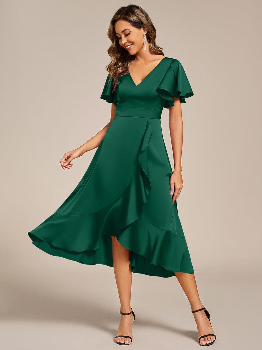 Ruffled V-neck Midi Satin Wedding Guest Dress #color_Dark Green