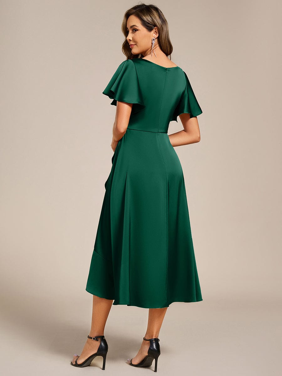 Ruffled V-neck Midi Satin Wedding Guest Dress #color_Dark Green