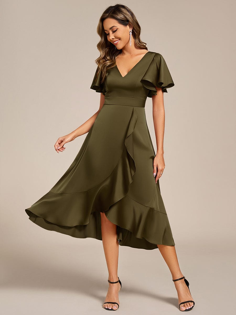 Ruffled V-neck Midi Satin Wedding Guest Dress #color_Olive Green