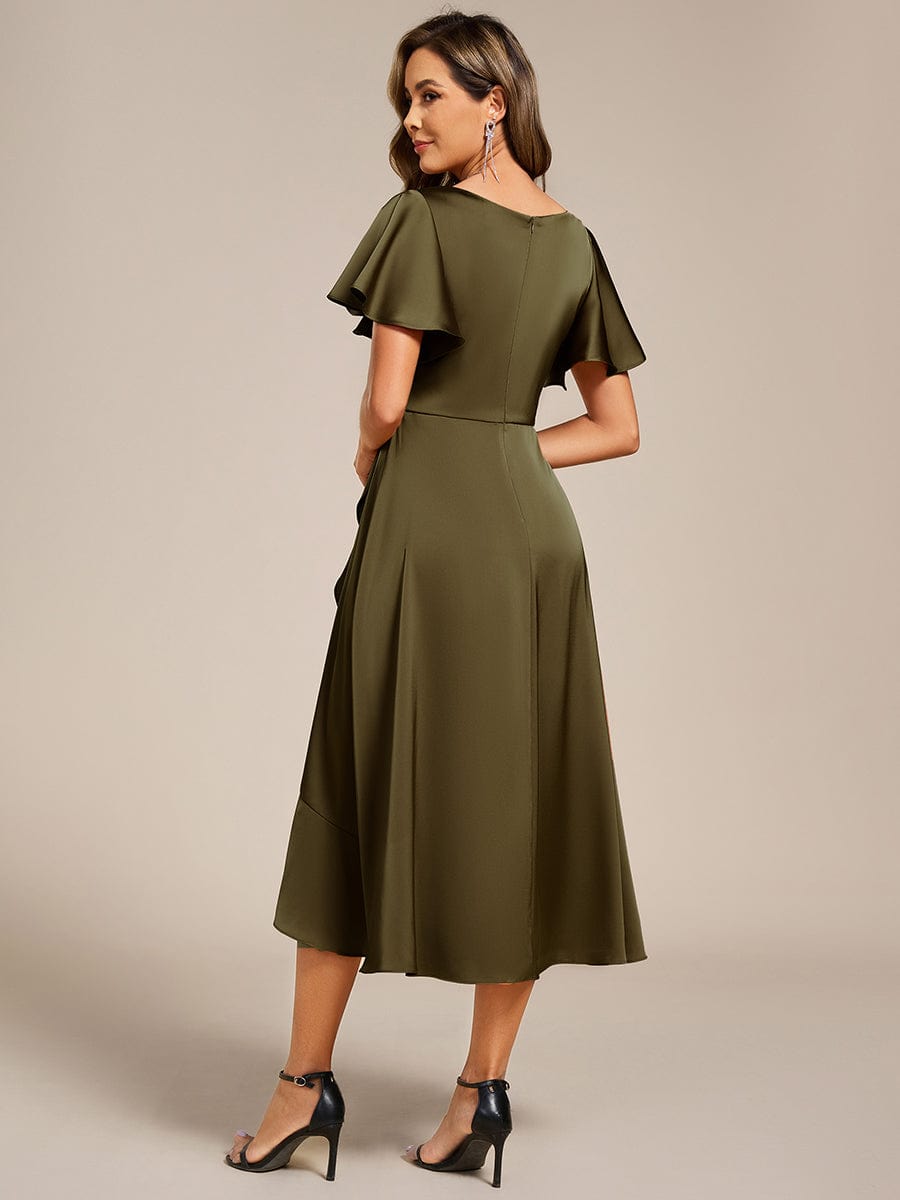 Ruffled V-neck Midi Satin Wedding Guest Dress #color_Olive Green