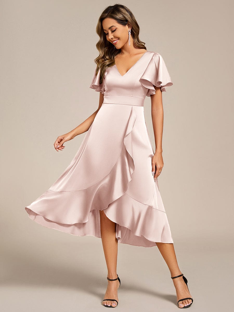 Ruffled V-neck Midi Satin Wedding Guest Dress #color_Pink