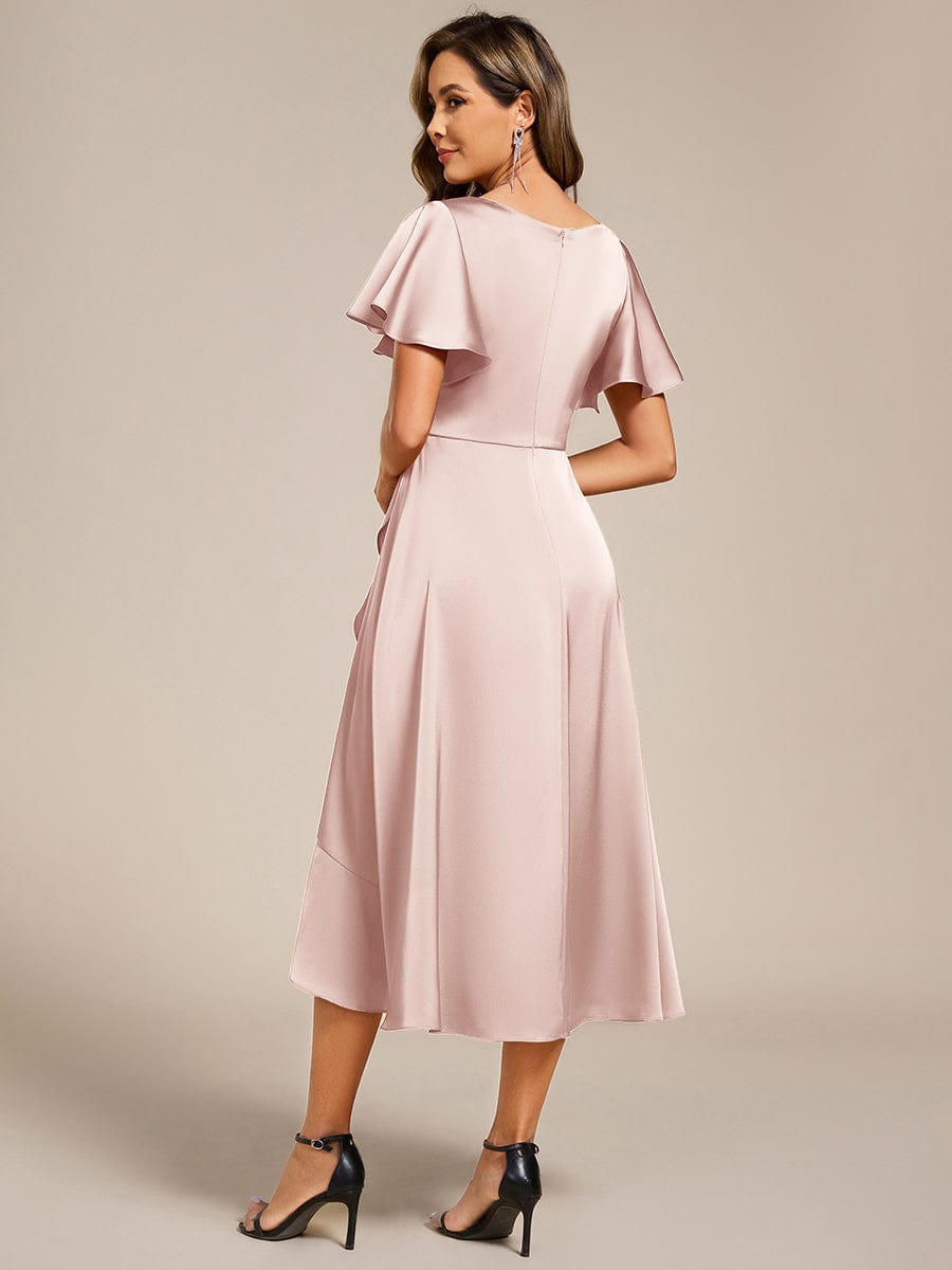 Ruffled V-neck Midi Satin Wedding Guest Dress #color_Pink