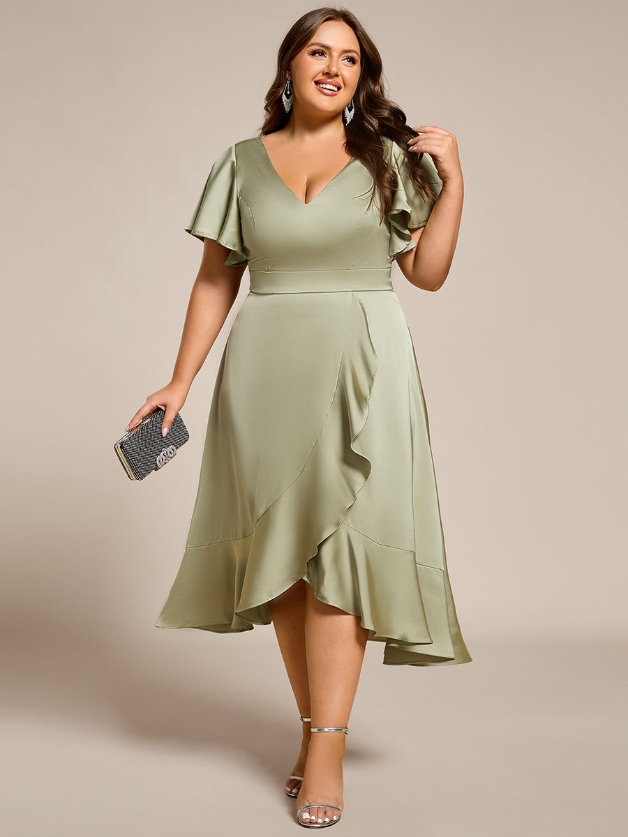 Ruffled V-neck Midi Satin Wedding Guest Dress #color_Sage Green