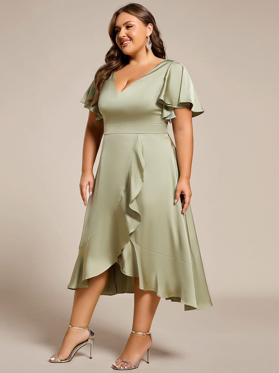 Ruffled V-neck Midi Satin Wedding Guest Dress #color_Sage Green