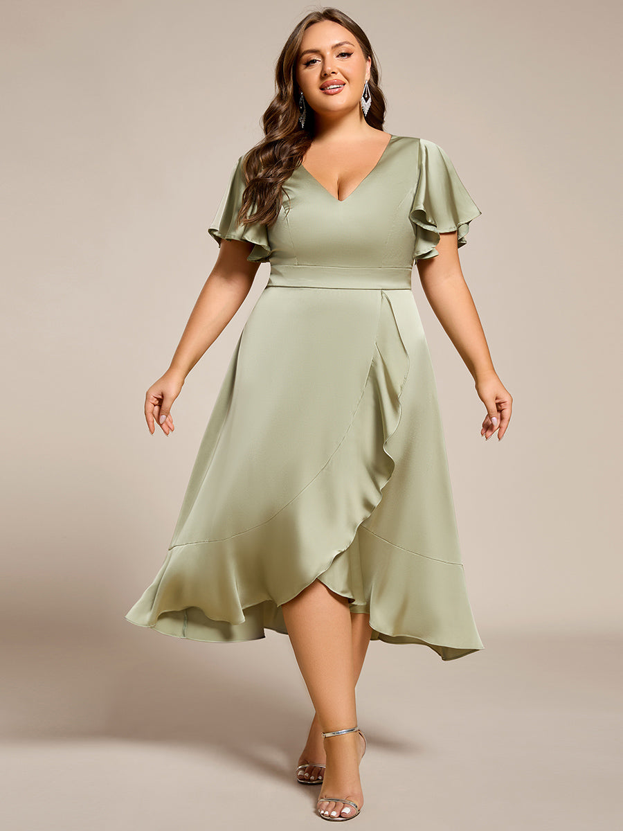 Ruffled V-neck Midi Satin Wedding Guest Dress #color_Sage Green