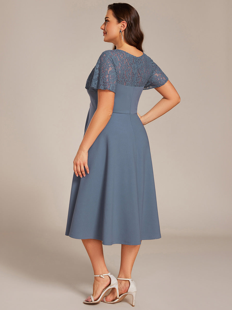 Sweetheart Neck Hollow Out Short Sleeve Midi Length Wedding Guest Dress With Pockets #color_Denim Blue