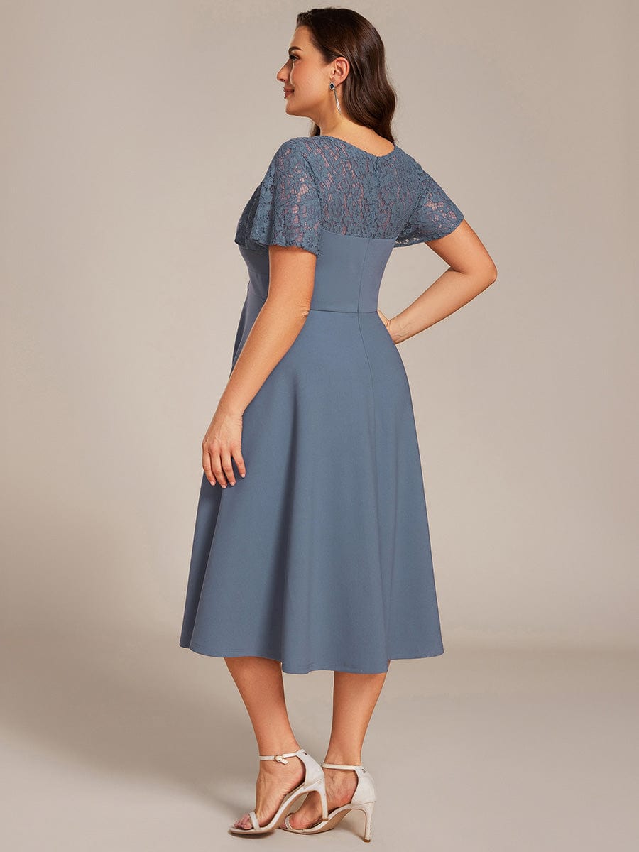 Plus Size Sweetheart Neck Hollow Out Midi Wedding Guest Dress With Pockets #color_Denim Blue