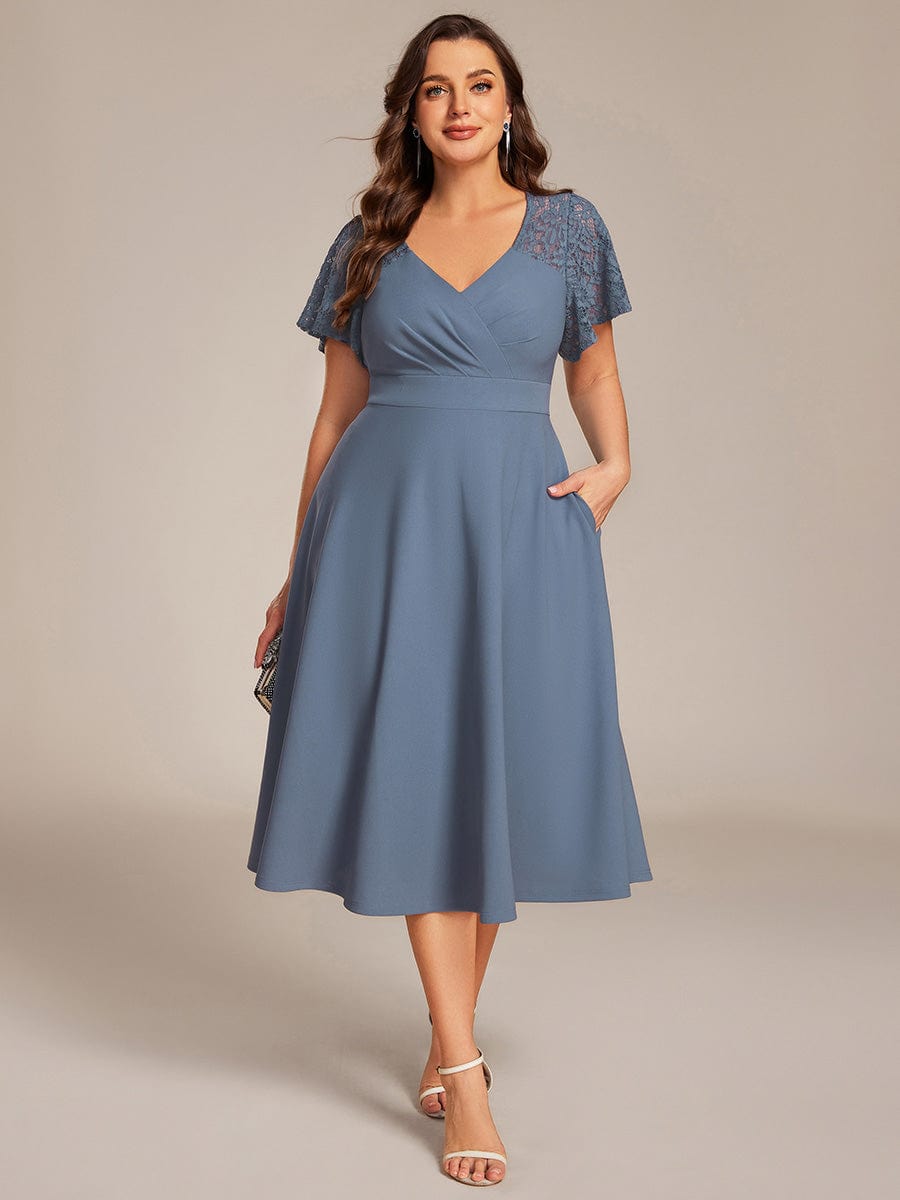 Plus Size Sweetheart Neck Hollow Out Midi Wedding Guest Dress With Pockets #color_Denim Blue