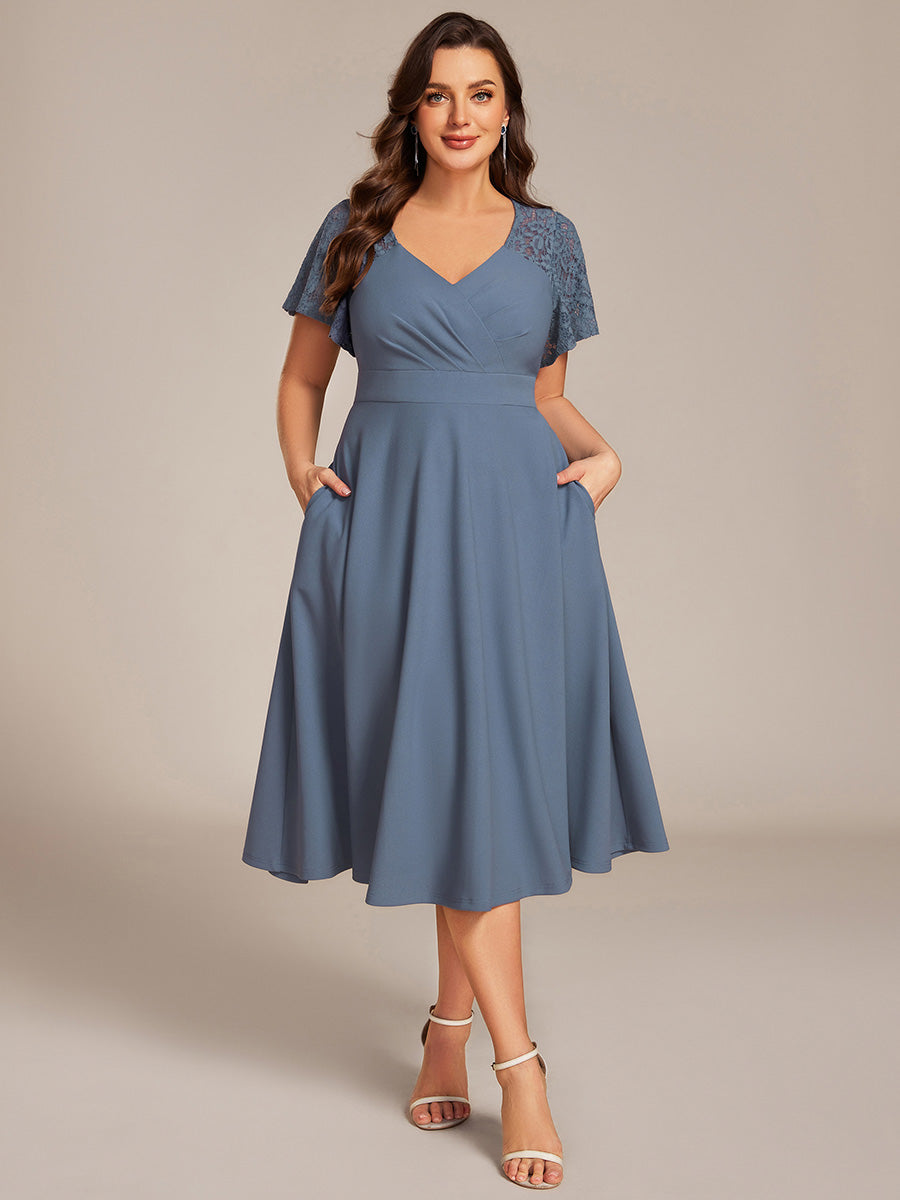 Sweetheart Neck Hollow Out Short Sleeve Midi Length Wedding Guest Dress With Pockets #color_Denim Blue