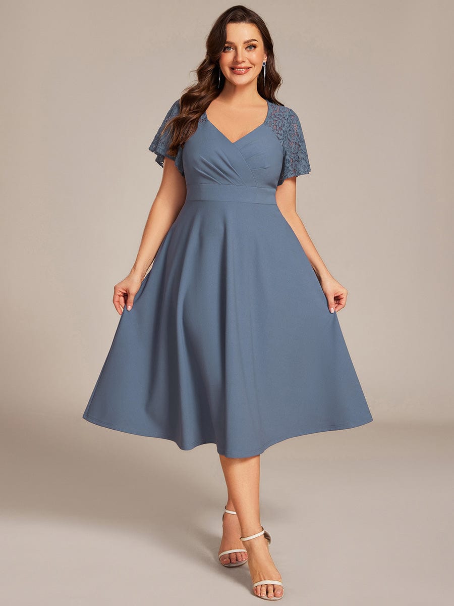 Plus Size Sweetheart Neck Hollow Out Midi Wedding Guest Dress With Pockets #color_Denim Blue