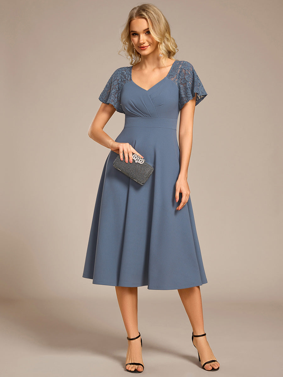 Sweetheart Neck Hollow Out Short Sleeve Midi Length Wedding Guest Dress With Pockets #color_Denim Blue