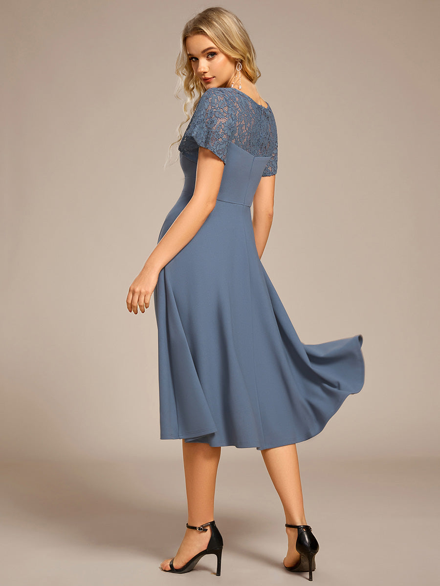 Sweetheart Neck Hollow Out Short Sleeve Midi Length Wedding Guest Dress With Pockets #color_Denim Blue