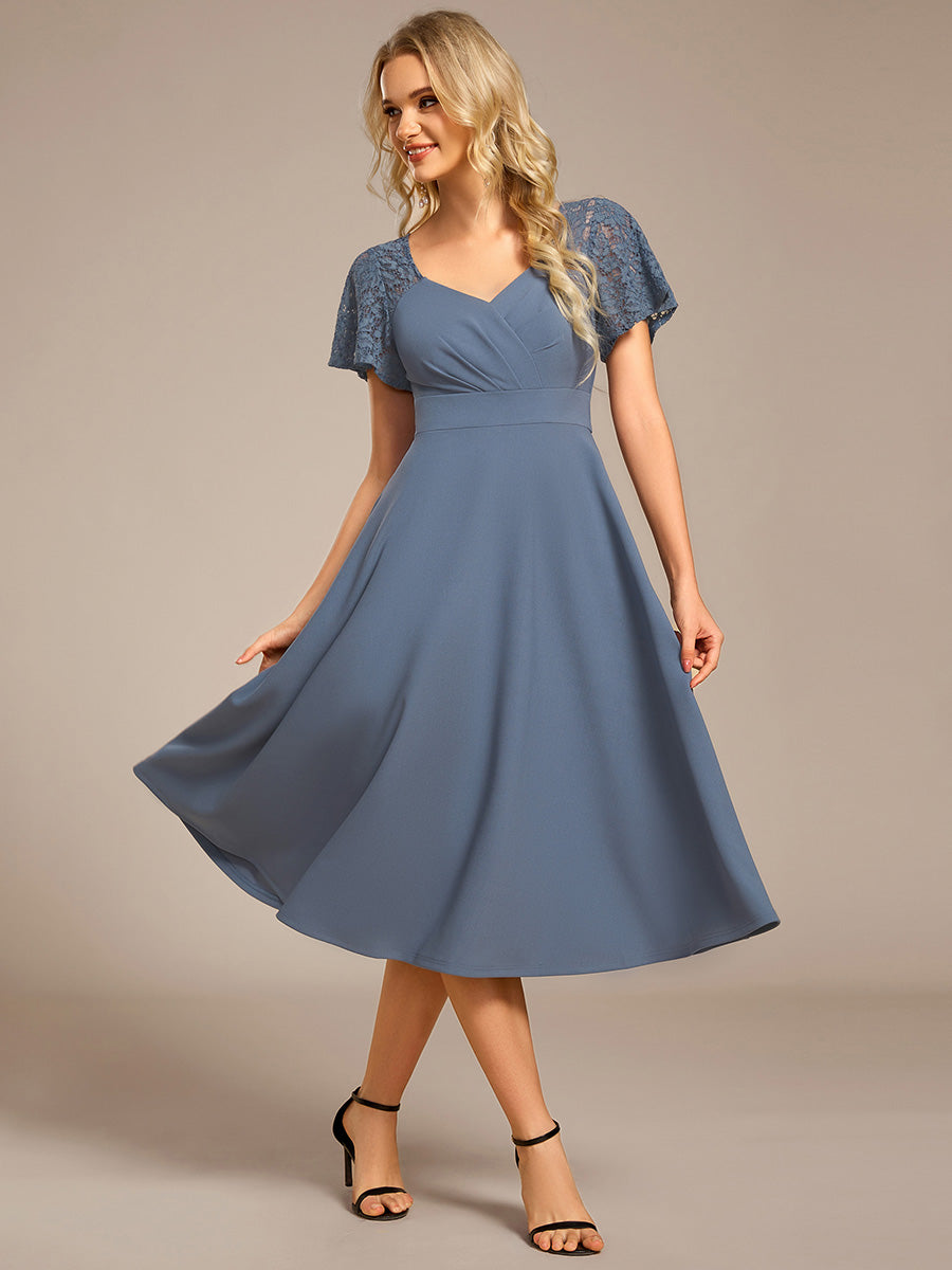 Sweetheart Neck Hollow Out Short Sleeve Midi Length Wedding Guest Dress With Pockets #color_Denim Blue