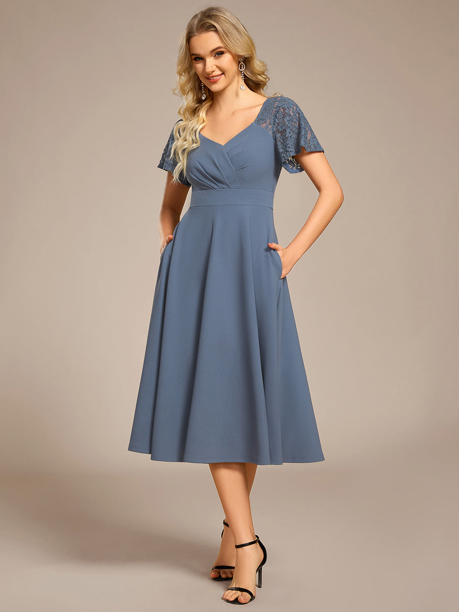 Sweetheart Neck Hollow Out Short Sleeve Midi Length Wedding Guest Dress With Pockets #color_Denim Blue