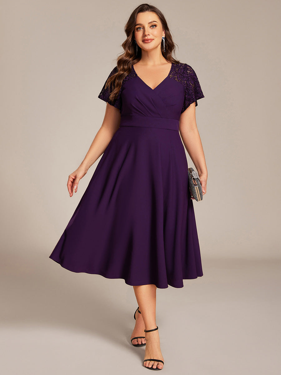 Sweetheart Neck Hollow Out Short Sleeve Midi Length Wedding Guest Dress With Pockets #color_Dark Purple